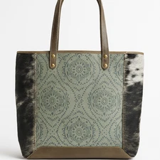 Myra Bag Cowhide Leather Tote Boho Western Purse Gray Pattern Canvas 535