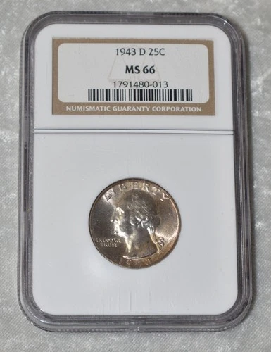 1943 D WASHINGTON QUARTER DOLLAR 90% SILVER NGC MS 66 MS66 DENVER MINT 25¢ COIN