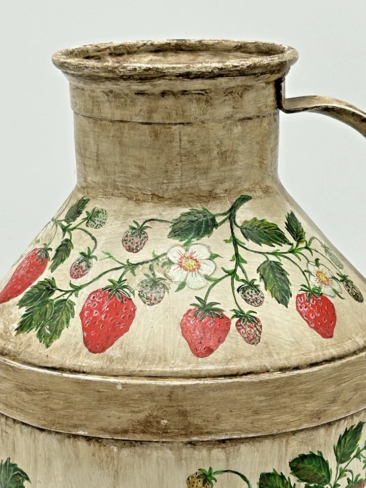 Vintage Metal Fresh Cream Milk Can Hand Painted Signed 14” Strawberries - Image 3 of 4