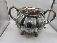 Vintage silver plated sugar bowl with two handles, no makers mark