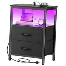  Night Stand with Charger Station and 11.8"D x 15.7"W x 23.6"H（2 Drawers） Black