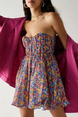 BNWT For Love & Lemons Sasha Mini Dress Floral L Large Strapless Pink Blue £232