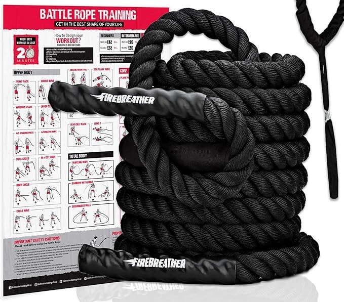 Pro Battle Ropes with Anchor Strap Kit and Exercise Poster Strength Training