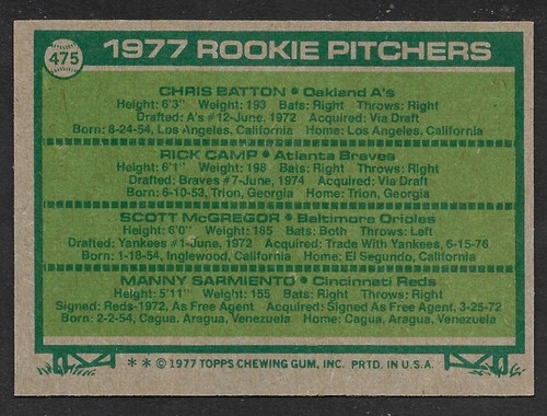 1977 TOPPS #475 ROOKIE P Batton / Camp / McGregor / Sarmiento EX-NEUWERTIG A - Bild 2 von 2