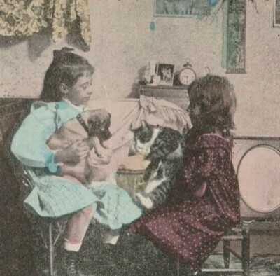 Little Girls Intro Pup Dog Lab Cat Victorian Home Hand Water Colored Stereo View