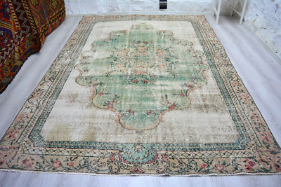 Vintage Faded Green Area Rug, 6.5x9.8ft, Antique Turkish Handmade Medallion Rug,