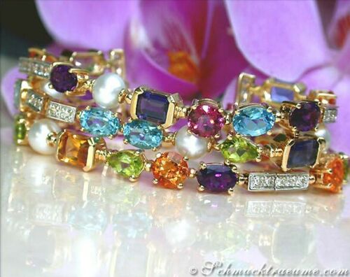 Squisito bracciale pietra preziosa multicolore con diamanti e perle in oro giallo 750 - Foto 1 di 8