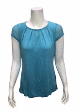 H by Halston Short Sleeve Knit Top with Lace Detail Surf Blue XX-Small Size  