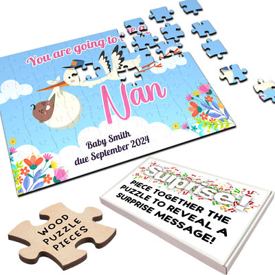 Nan Schwangerschaftsankündigung Geschenk Storch dunkle Haut Baby individuelles Holzpuzzle