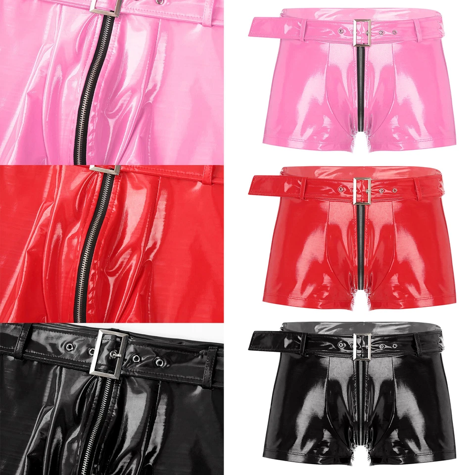 Mens Wetlook PVC Leather Shorts Bulge Pouch Boxer Briefs Trunk Zipper Hot Pants - Image 3 of 3