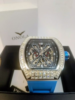 ONOLA  Automatic Mechanical Watch Men's With Diamond Silicone Band Blue Sport