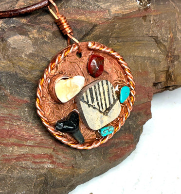 COPPER PENDANT NECKLACE, WITH VERY OLD POTTERY, ELK IVORY TOOTH & TURQUOISE