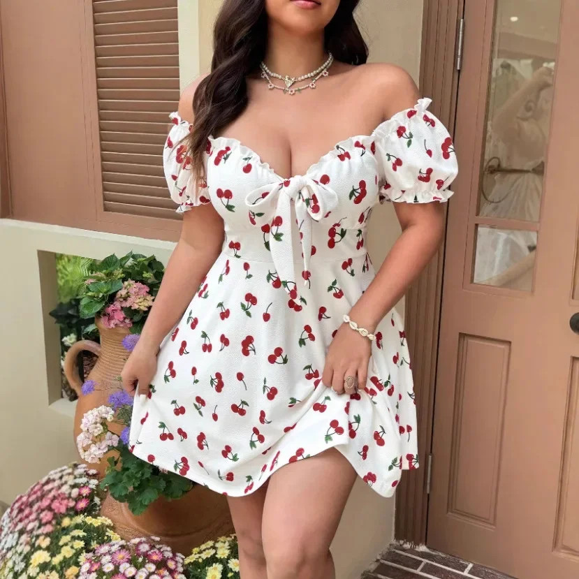 Vestido midi floral talla grande con curvas estampado de cerezas manga burbuja