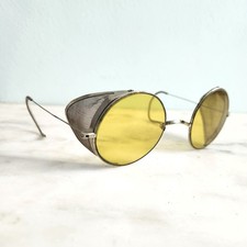 Antique Safety Goggles Yellow Glass Round Metal Mesh Side Shields
