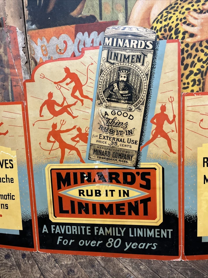 VINTAGE C. 1940 MINARDS LINIMENT TRIFOLD CARDBOARD SIGN MEDICINE DEVIL SATAN HTF - Image 2 of 4