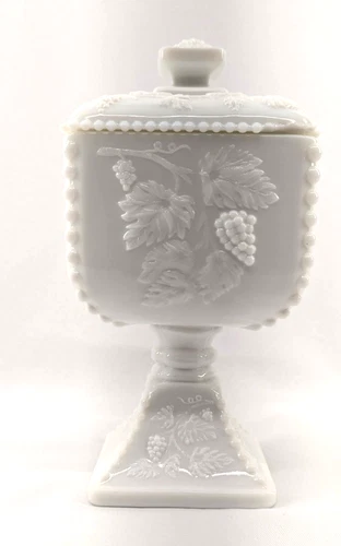 Westmoreland Milk Glass Beaded Grape Lidded Pedestal Wedding Box/ Candy Dish Vtg