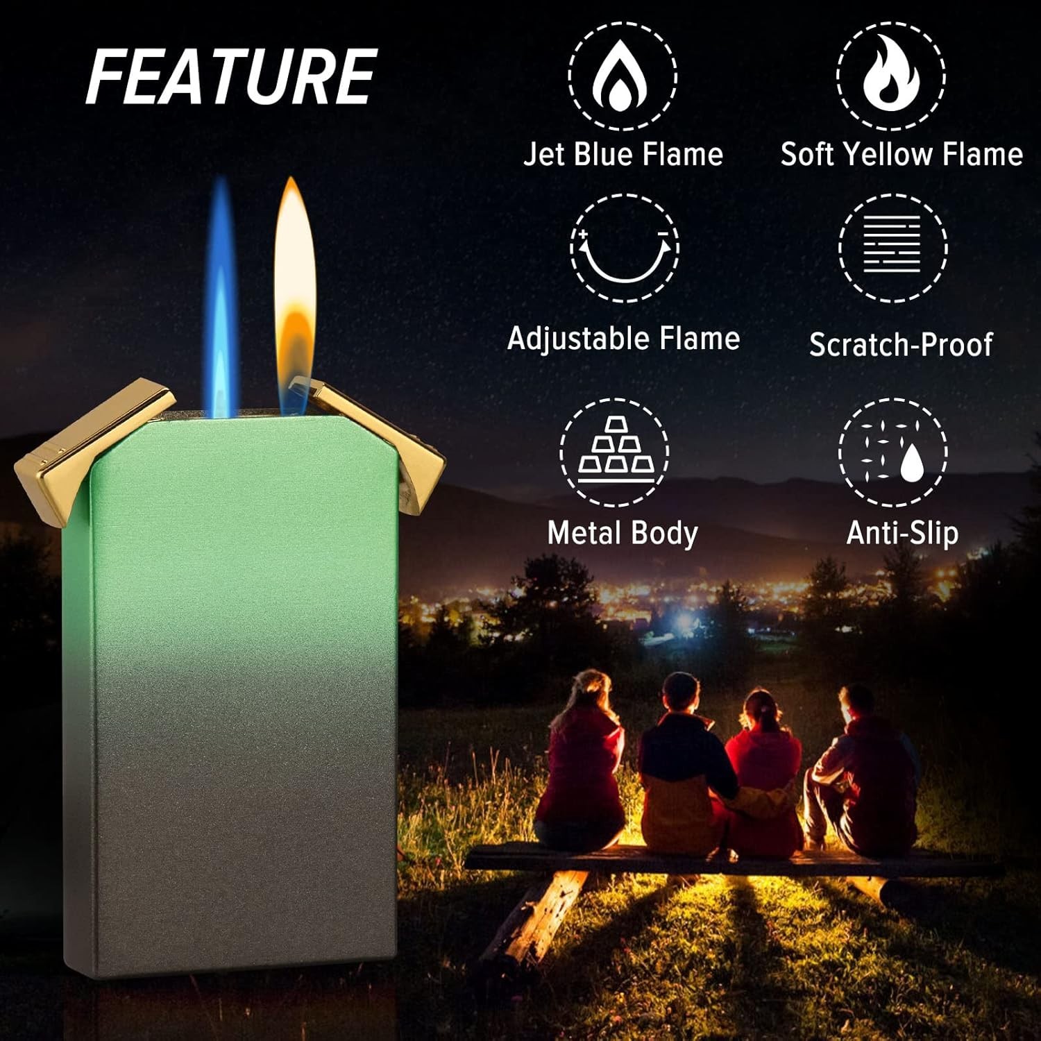 Dual Flame Lighter - Switchable Torch & Soft Flame, Refillable Butane, Cool Pipe