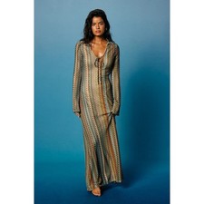 NWT Lulus Vernazza Brown Multi Crochet Collared Long Sleeve Maxi Dress XS