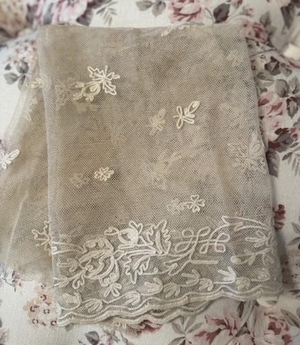 Antique Embroidered Net Lace Fragment Handmade Vintage Rare Ivory READ
