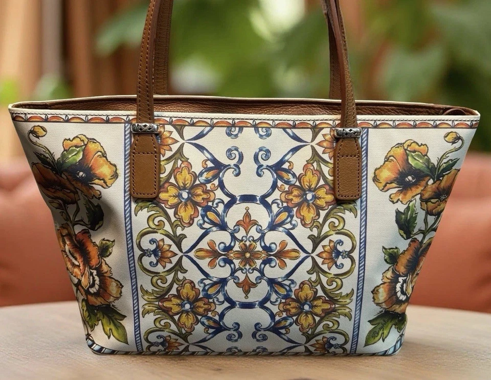Bolso de Mano Shopper Brighton Bella Lucca Italiano Floral Cuero Blanco Naranja Azul Foto 2 de 4