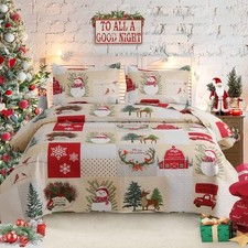 Christmas Quilt Set Full/Size Xmas Red Beige Plaid Snowman Queen Snowman Car