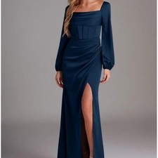 NWT Azazie Dark Navy Zeta Maxi Dress Bridesmaid Size A10 Renaissance