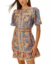 Farm Rio Superbloom Tapestry Organic Cotton Mini Dress Size L Blue Pink