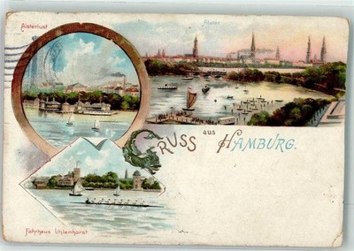 10656656 - 2000 Hamburg Lithographie An der Alster Faehrhaus Uhlenhorst Ruderer