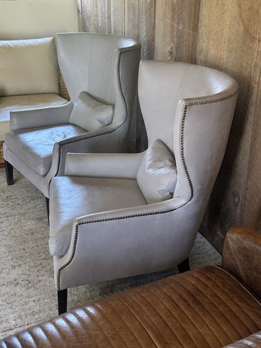 Verellen Leather Wingback Chairs Gray Nailhead Club Chairs Pair High Back USA - Picture 17 of 17