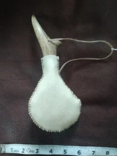 Shaped Rawhide Shot Bag Ball Flask With Antler Plug, Black Powder, Handmade, L#7