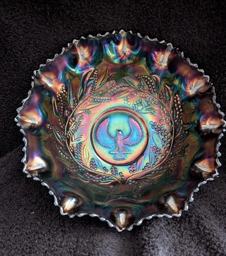 Australian Crown Crystal Shrike/Thunderbird  Dark Purple 9" Bowl  1920c.