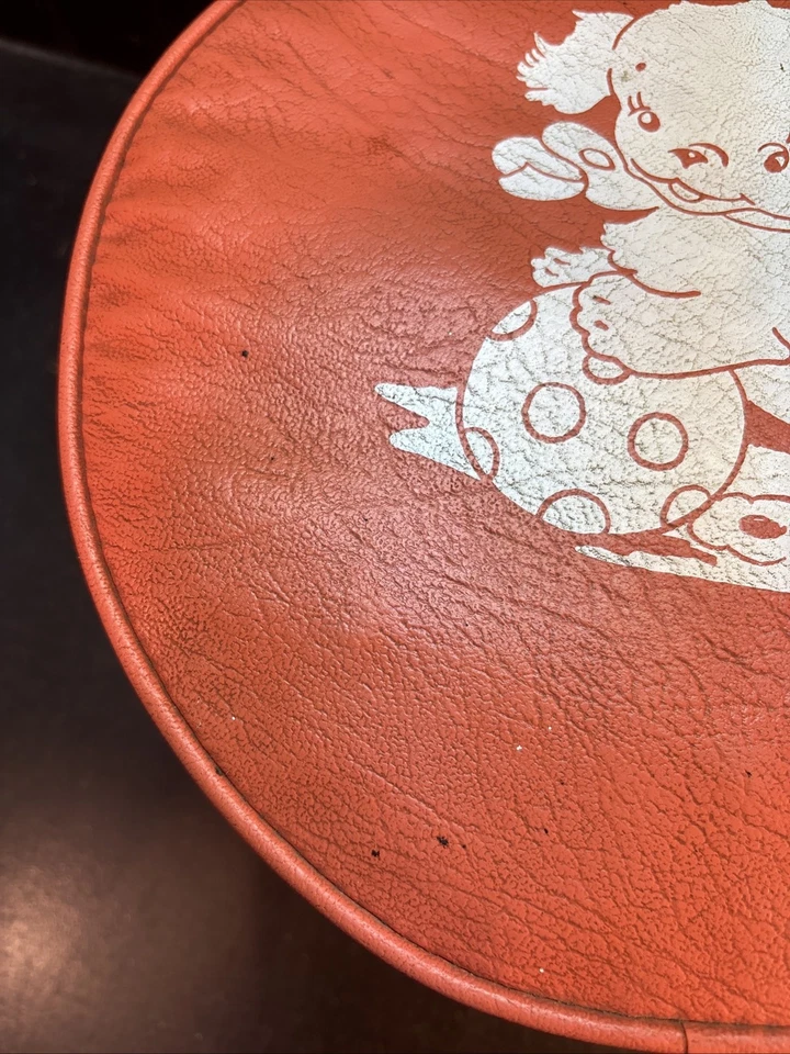 VTG Small Child’s MCM 70’s Orange Naugahyde Vinyl OTTOMAN Foot Stool Dog Decal - Image 4 of 4