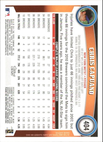 2011 Topps Diamond Anniversary #404 Chris Capuano - Picture 2 of 2