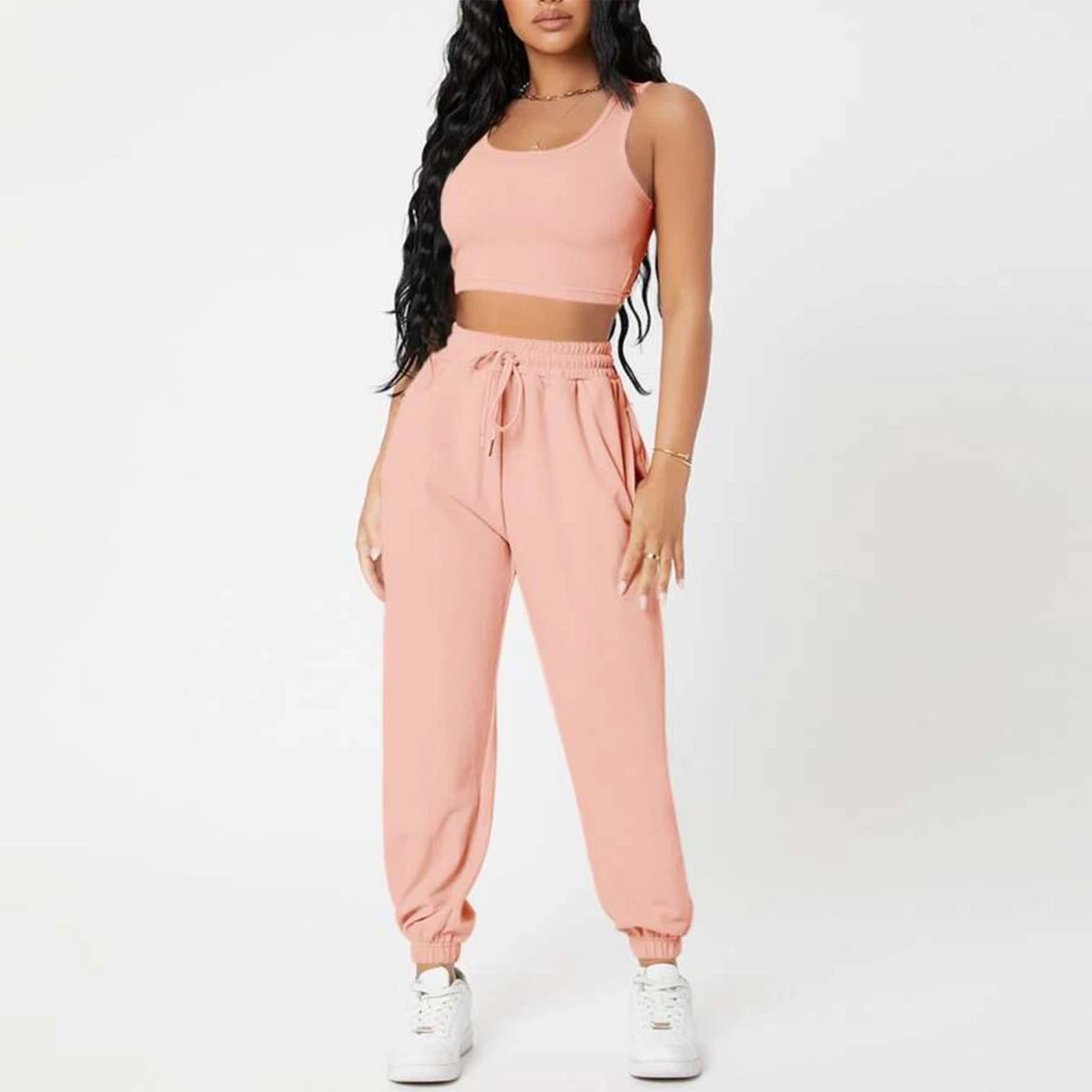 Ladies Crop Tank Top Joggers Set Crew Neck Cotton Sleeveless Tie