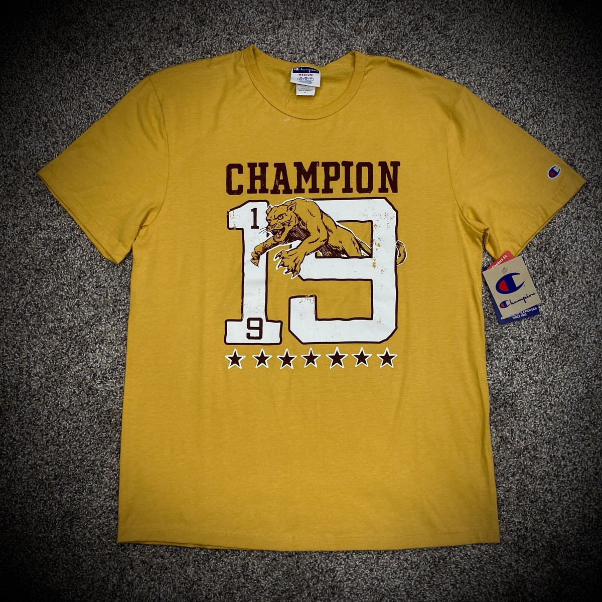 new CHAMPION 1919 T-SHIRT mustard yellow panther big logo cotton