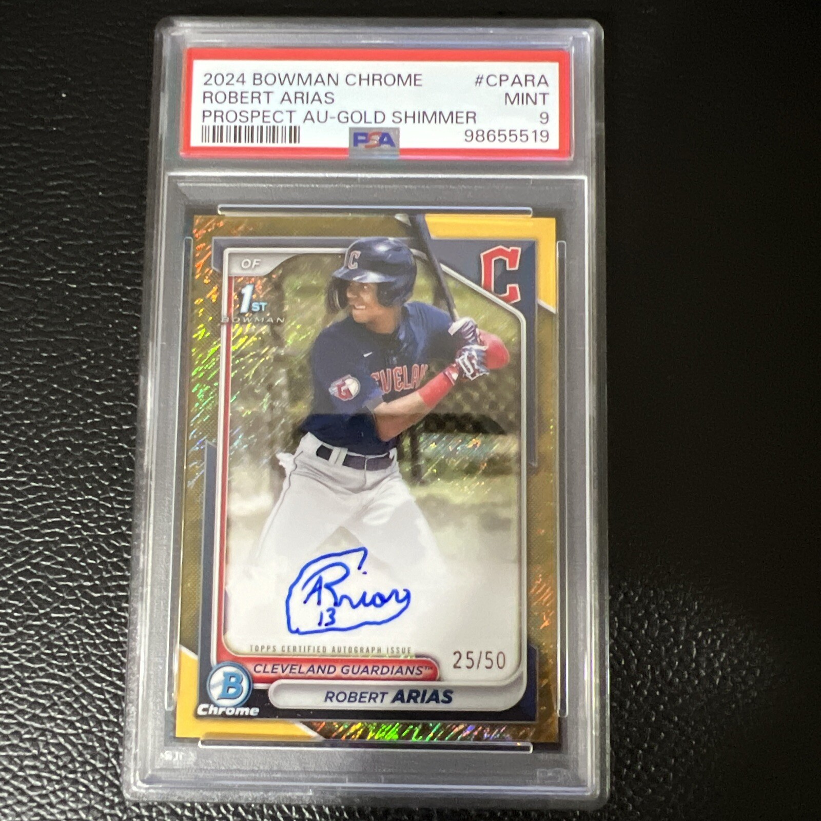 2024 Bowman Chrome 1st Gold Shimmer Auto Robert Arias 25/50 PSA Mint 9