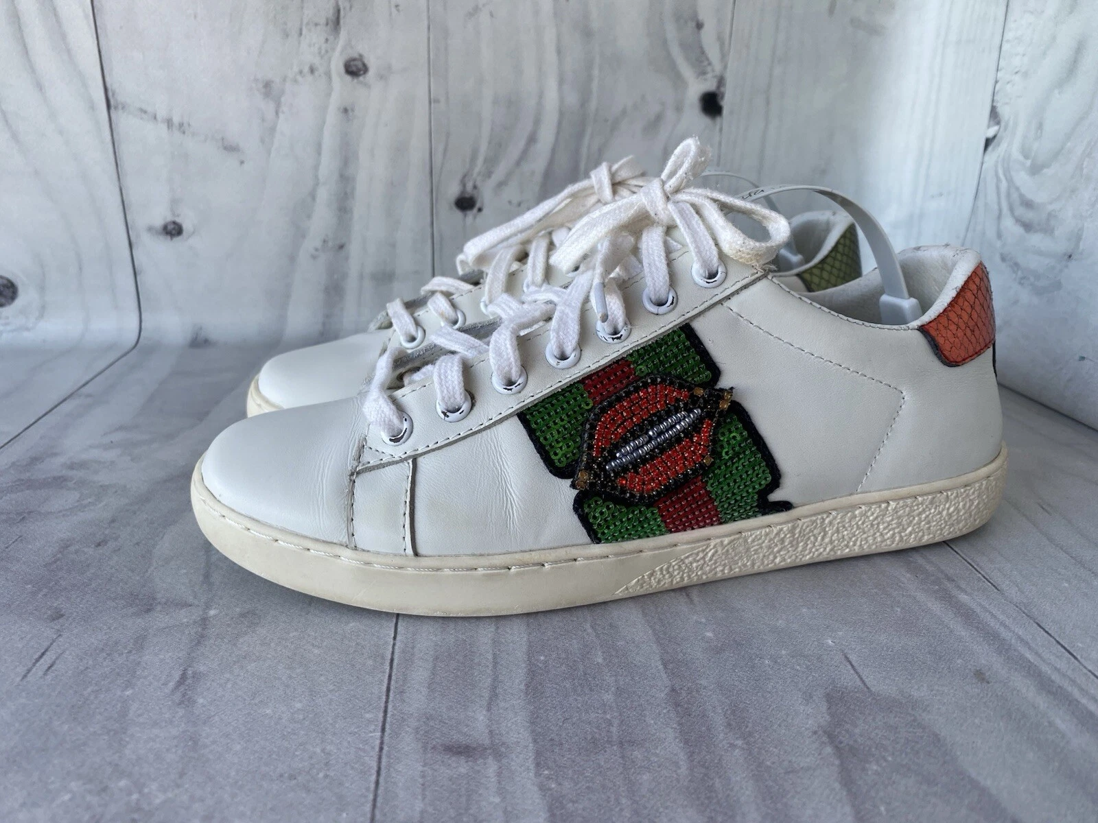 Gucci Ace Baskets Lèvres Blanc Paillettes Cuir Femme Taille 35 Made In Italy