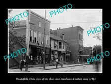 OLD LARGE HISTORIC PHOTO OF WOODSFIELD OHIO THE SHOE & HARDWARE STORES c1914