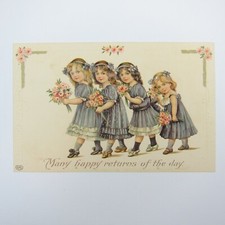 Postcard Many Happy Returns of Day Children Girl Dresses Pink Flowers Antique