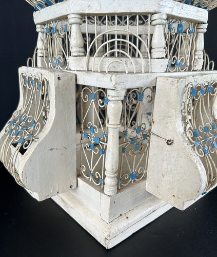 Birdcage 21" Wood Wire Metal White Blue Mid Century Victorian Style - Picture 8 of 14