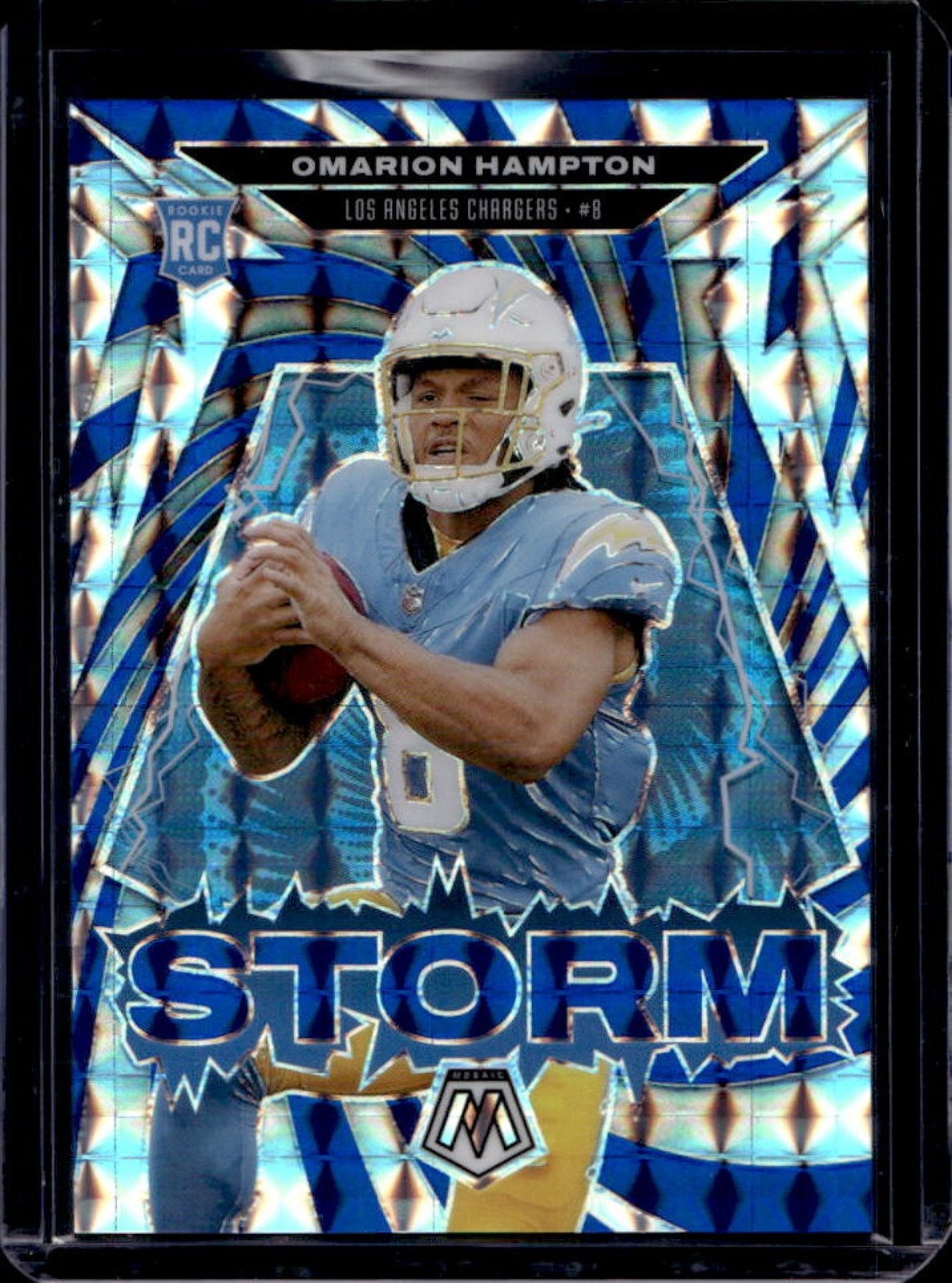 2025 Mosaic Omarion Hampton Storm RC Blue Prizm Rookie #7/99 Chargers