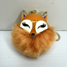 Fox Keychain Pom Pom Faux Fur Orange Rhinestones Gold Tone Bag Charm Cute