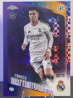 Franco Mastantuono 2025-26 Topps Chrome UEFA Purple X-Fractor /75 RC #172