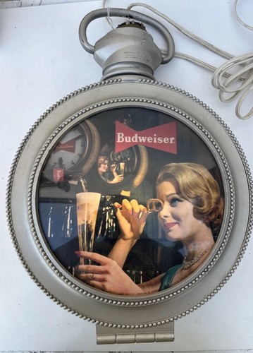 BUDWEISER BEER ELECTRIC POCKET WATCH STYLE CLOCK Lighted Lady photo Works