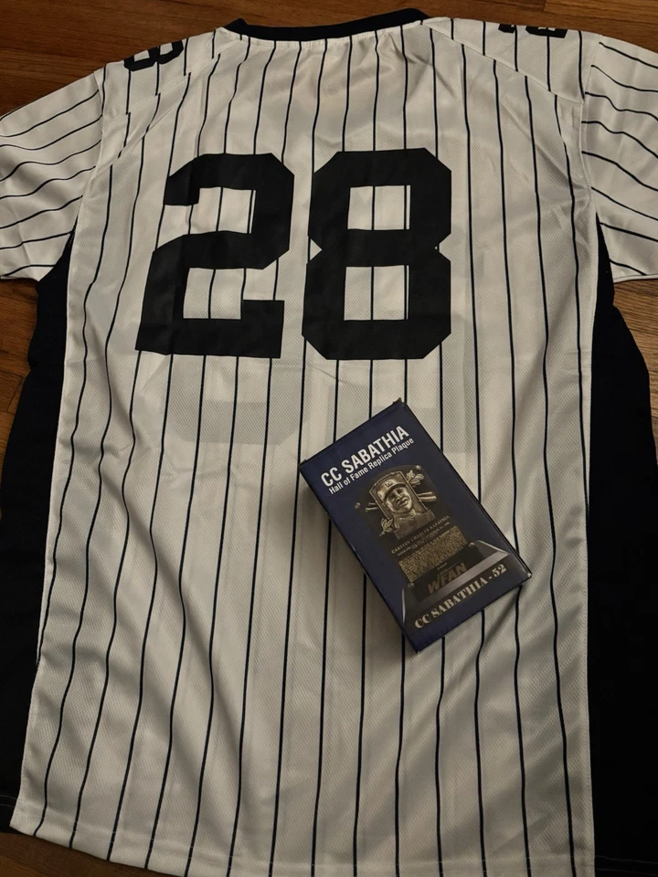 New York Yankees #28 Austin Wells Football Jersey & CC Sabathia Plaque SGA SET - Image 2 of 3