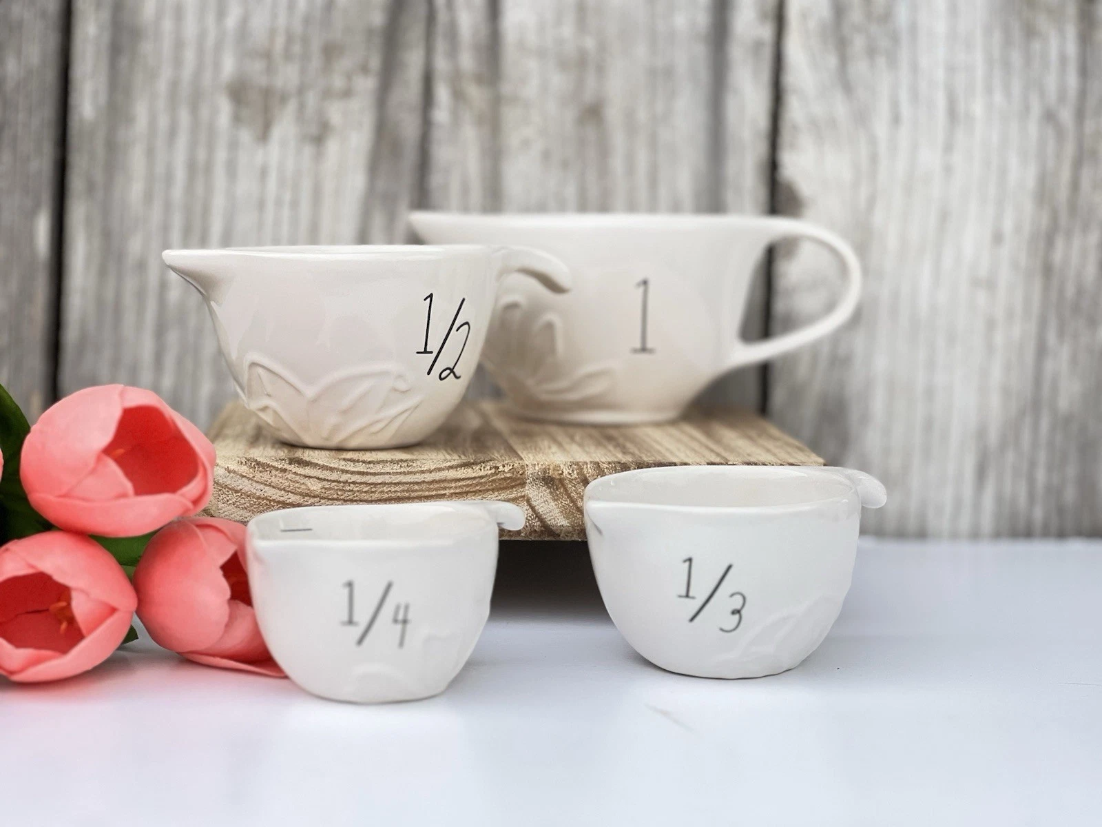 RAE DUNN White Ceramic Measuring Cups with Handles- Set of 4 (1, 1/2, 1/3, 1/4)