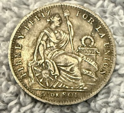 1906 JF PERU South America VINTAGE ANTIQUE OLD Liberty Silver 1/5 De SOL Coin