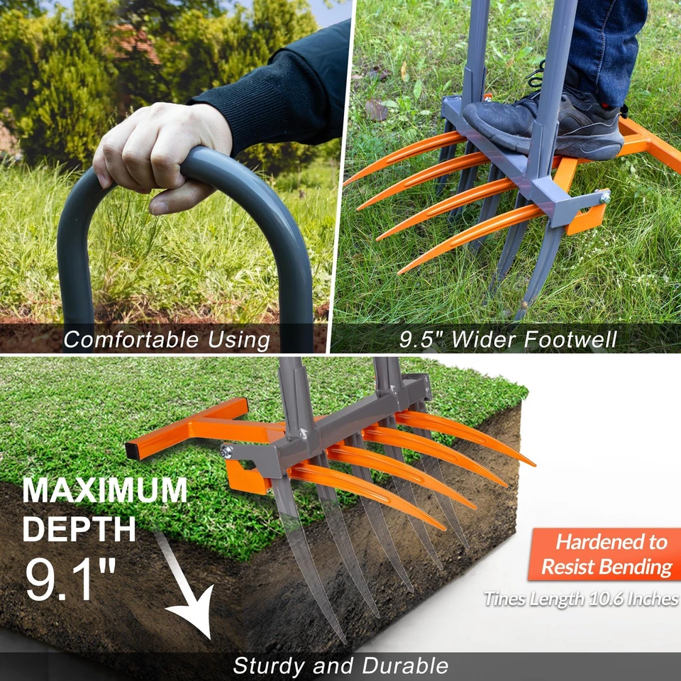 Herramienta de jardín de horquilla ancha, 9 dientes de alta resistencia horquilla ancha cultivadora manual, 2 en 1 Gard... Foto 3 de 4