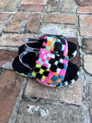 UGG Women's Super Fluff Yeah Slipper Slides Sandal Black Multi Checkered Size 5