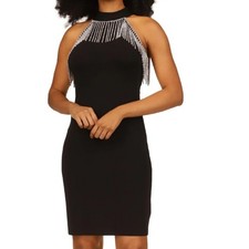 New Michael Kors Halter Neck Mini Party Dress Rhinestone Fringe Black Size 2X